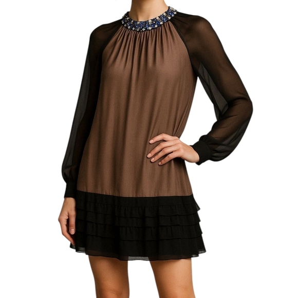 Stella McCartney Dresses & Skirts - STELLA MCCARTNEY Black Beaded Silk Chiffon Mini Dress Long Sleeve Ruffle Hem Sml
